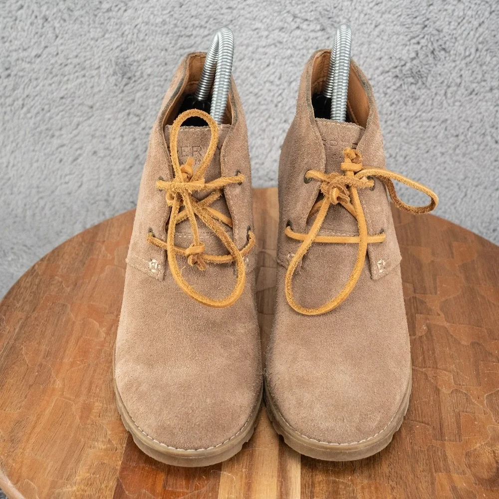 Sperry Top Sider Stella Prow Women 7.5 M Ankle Wedge Bootie Suede Taupe STS96139